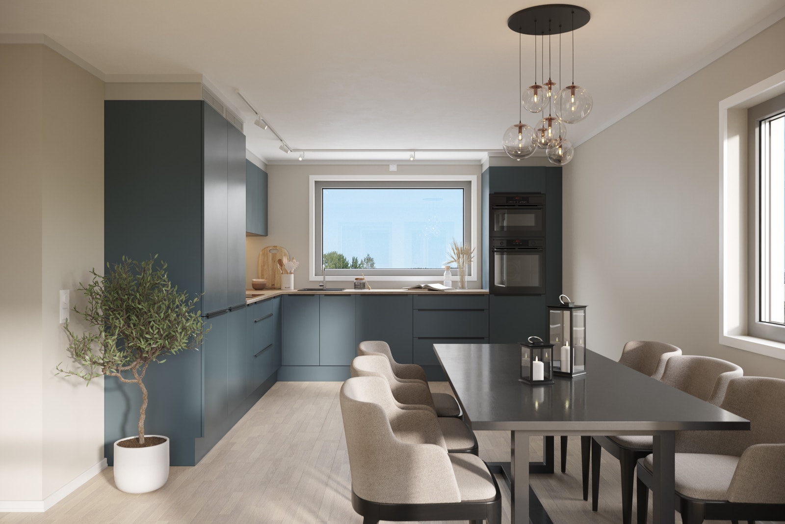 Illustrasjon av kjøkken for 3-roms leiligheten på 92 m2, kjøkkenet er fra KEO. Tilvalg fremkommer på bildet. Galleribilde