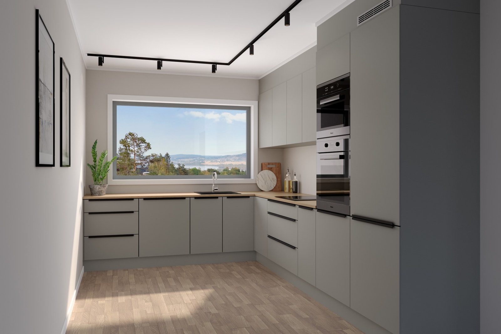 Illustrasjon av kjøkken for 3-roms leiligheten på 70 m2, kjøkkenet er fra KEO. Tilvalg fremkommer på bildet. Galleribilde