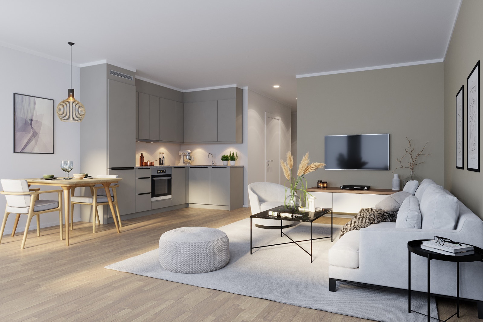 Illustrasjon av kjøkken for 2-roms leiligheten, kjøkkenet er fra KEO. Tilvalg fremkommer på bildet. Galleribilde