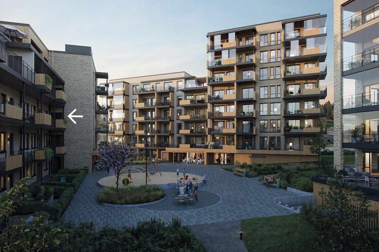 Kornhaven vil bli et godt sted å bo! Nær Mjøsa, stranda, skogen og byen. Når Kornhaven er ferdig utbygd, vil det oppleves som en liten koselig bydel på Hamar vest med små torg, felles selskapslokale, gjesteleilighet og drivhus. Illustrasjon - avvik kan fo Galleribilde