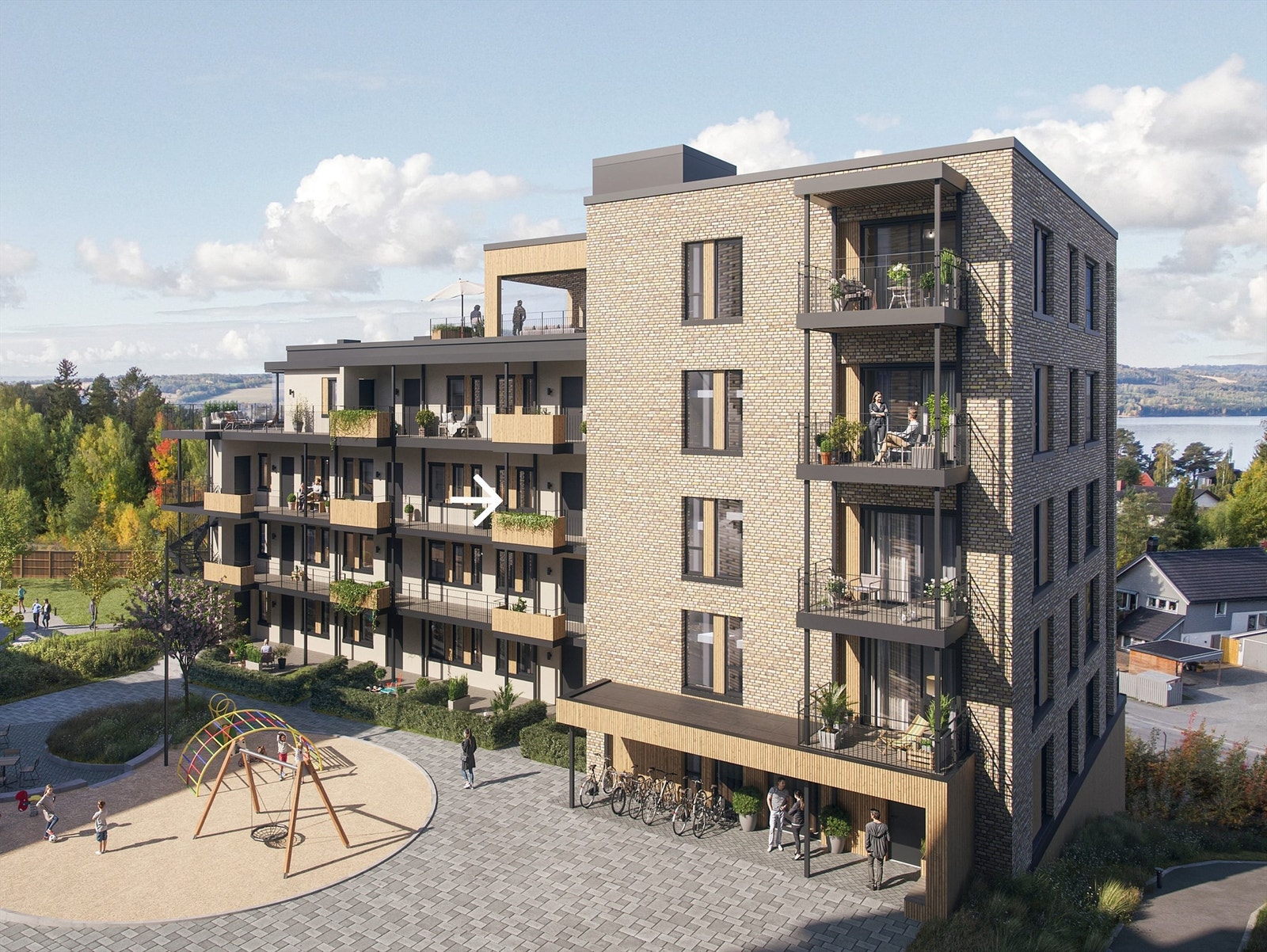 Leilighet E303 vil få en fin plassering i bygget som gir deg kontakt med torget/lekeplassen, samtidig som du kommer opp i 3. etasje. Garasjeplass i kjeller med heisadkomst. Illustrasjon - avvik kan forekomme. Galleribilde