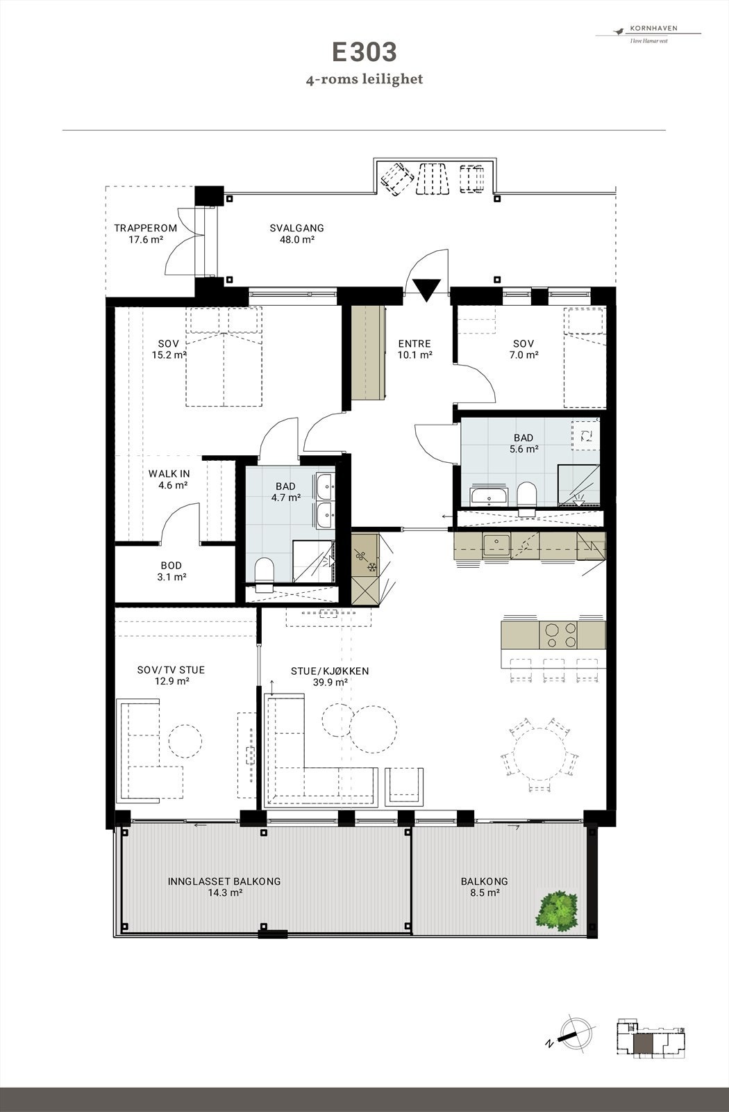 Leilighet E303 er en nyhet i prosjektet da vi har slått sammen to leiligheter. Det gir hele 111 kvm BRA-i og en fleksibel planløsning. Mastersuite med walk-in og privat bad, godt og sosialt kjøkken, samt tv-stue/soverom/kontor innenfor stua. Galleribilde