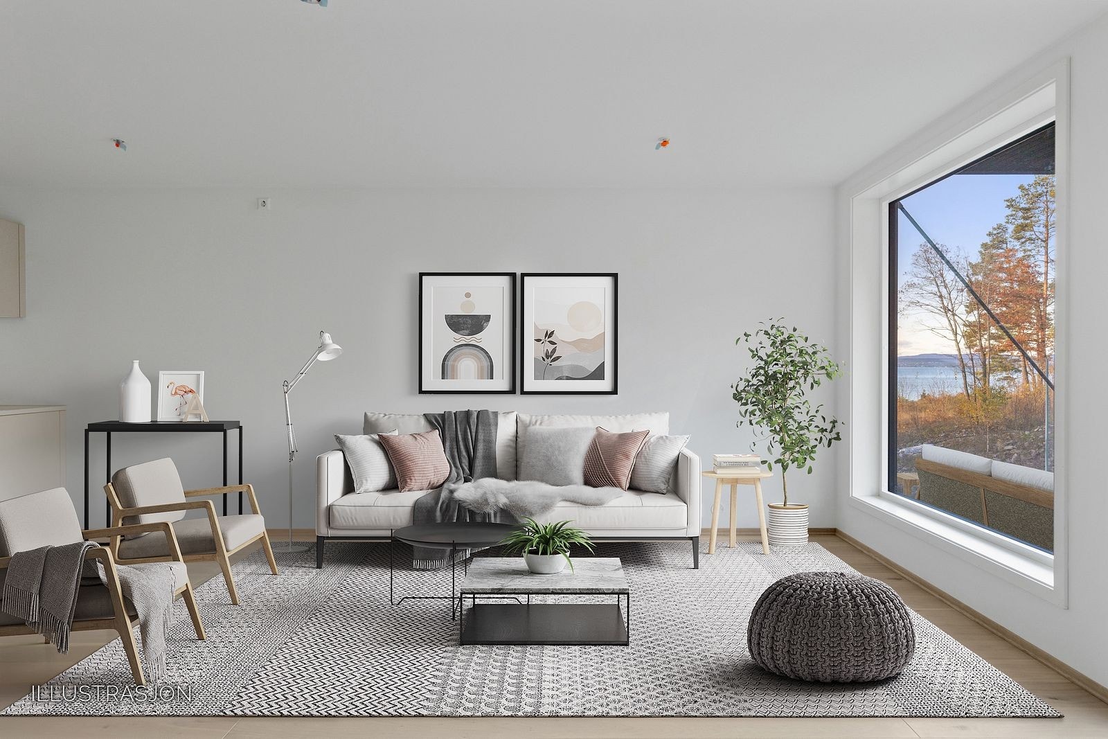 C504 har en lys og trivelig stue, her med illustrert mulig møblering. Galleribilde