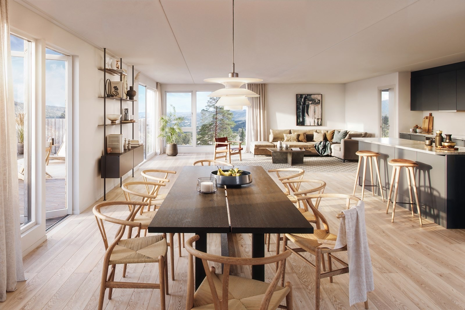 Leilighet 2A_0502 ligger høyt og fint i 5. etg. og får en lyst, deilig oppholdsrom. Illustrasjon av annen 4 roms i samme etasje. Galleribilde