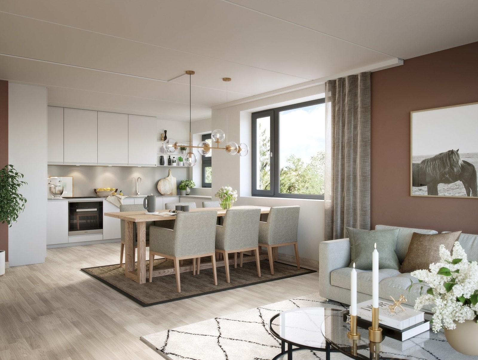 Leilighetene vil få moderne kjøkken med integrerte hvitevarer. Illustrasjon - avvik vil forekomme. Det leveres bl.a. med 1-stavs eikeparkett. Galleribilde