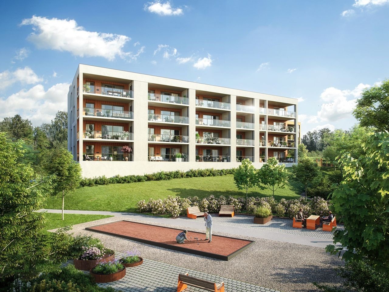 Nordhagen 2 med flott felles grøntområde i forkant og gangstier ned til felleshus og strand.
Illustrasjon - avvik vil forekomme. Galleribilde