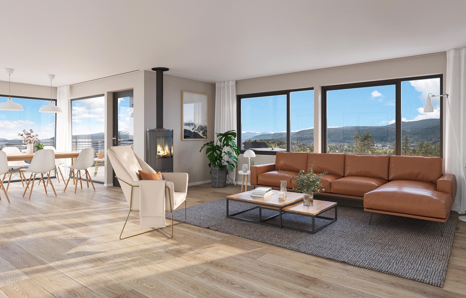 Illustrasjon av stue i 2.etasje. Stuen leveres med skrå himling. Galleribilde