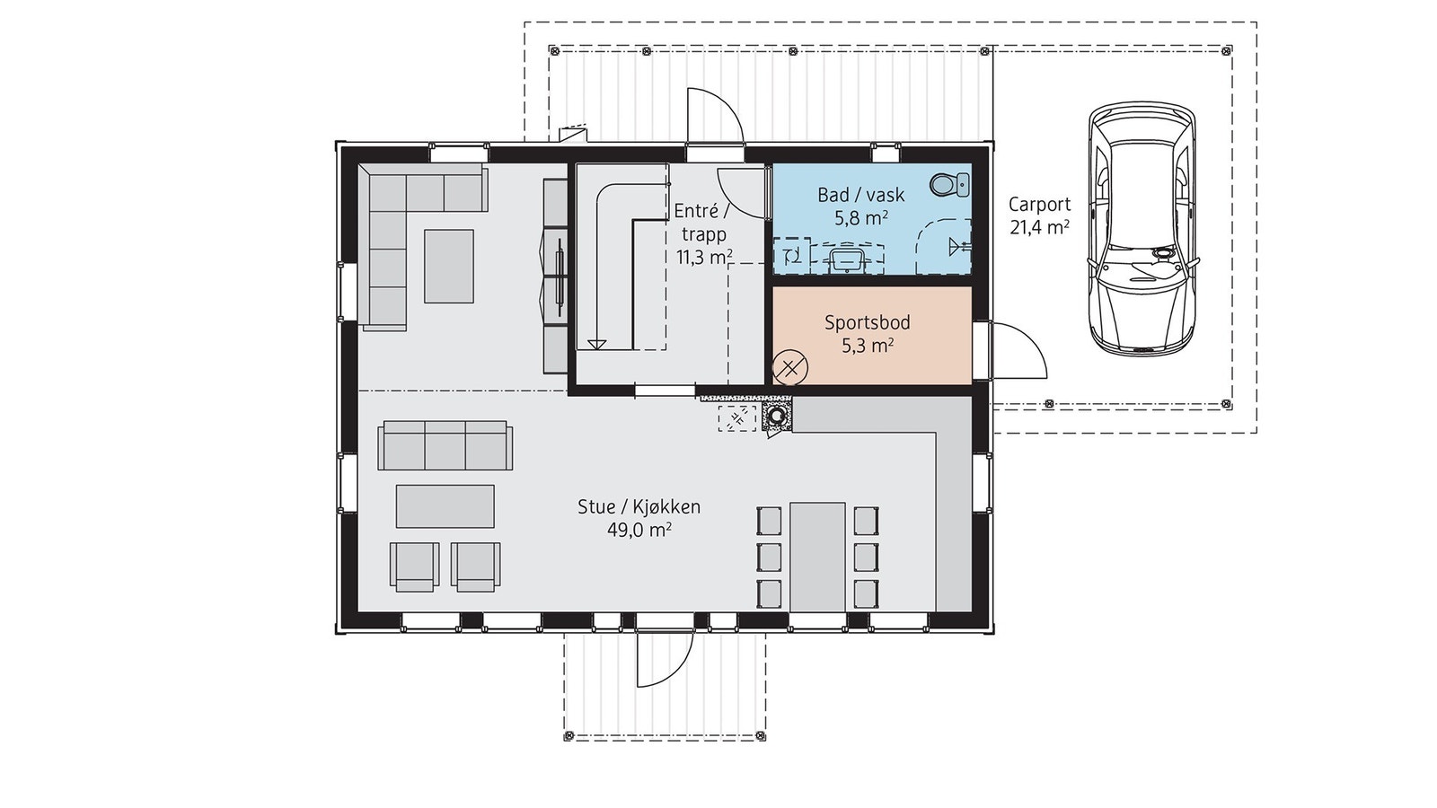 Plantegning 1 etg, her kan enkelt en del av stua bli til soverom 4. Galleribilde