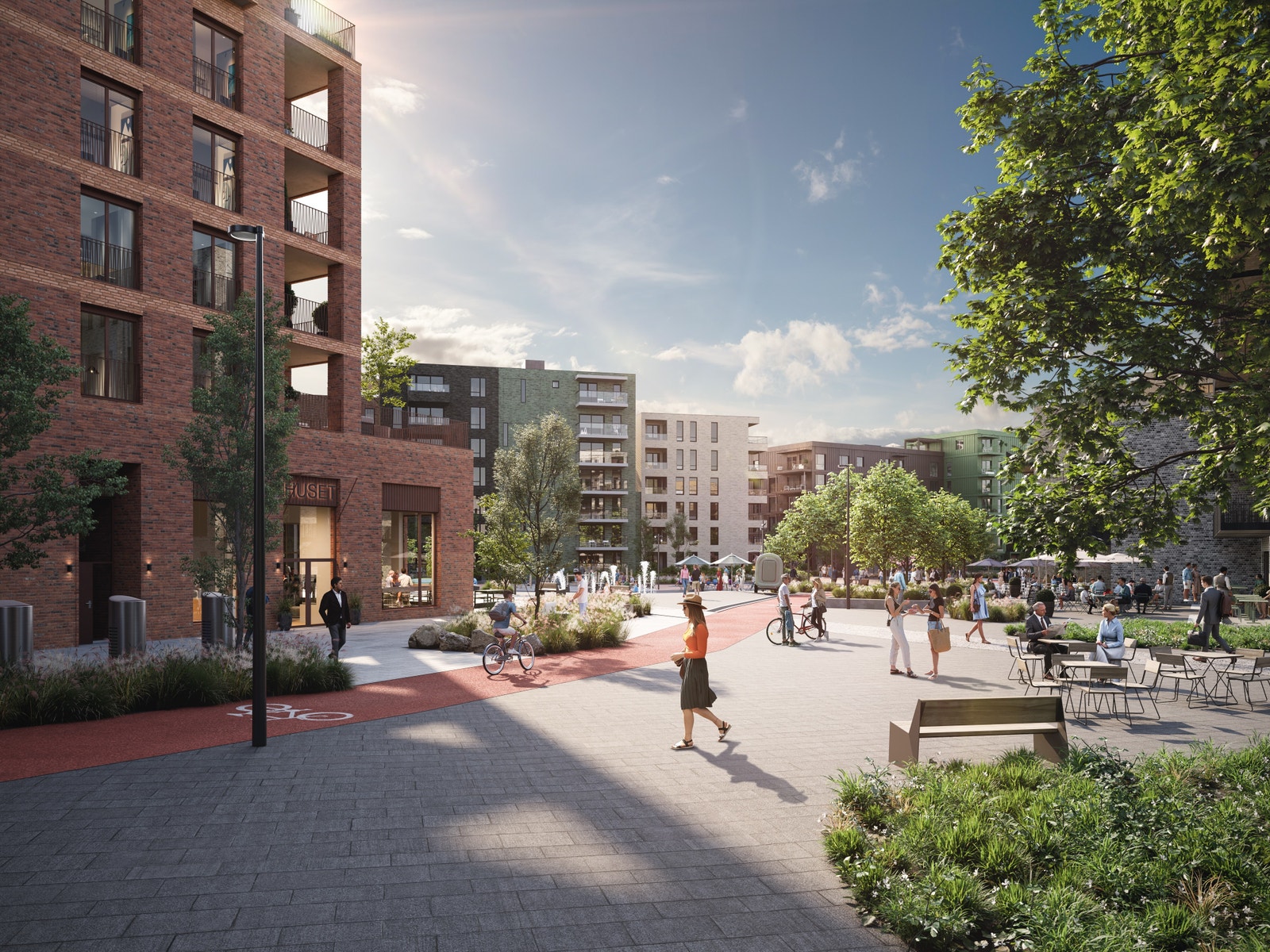 Torget vil etterhvert forlenges mot Huset som blir Leangens "hjerte", med blant annet spisested, lounge, selskapslokale, treningssenter mv. Galleribilde