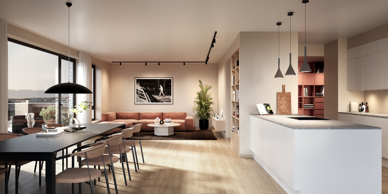 Her bor du på toppen med fin utsikt og gode solforhold fra 3 uteplasser i leilighet B702. (3D-illustrasjon, avvik vil forekomme) Galleribilde