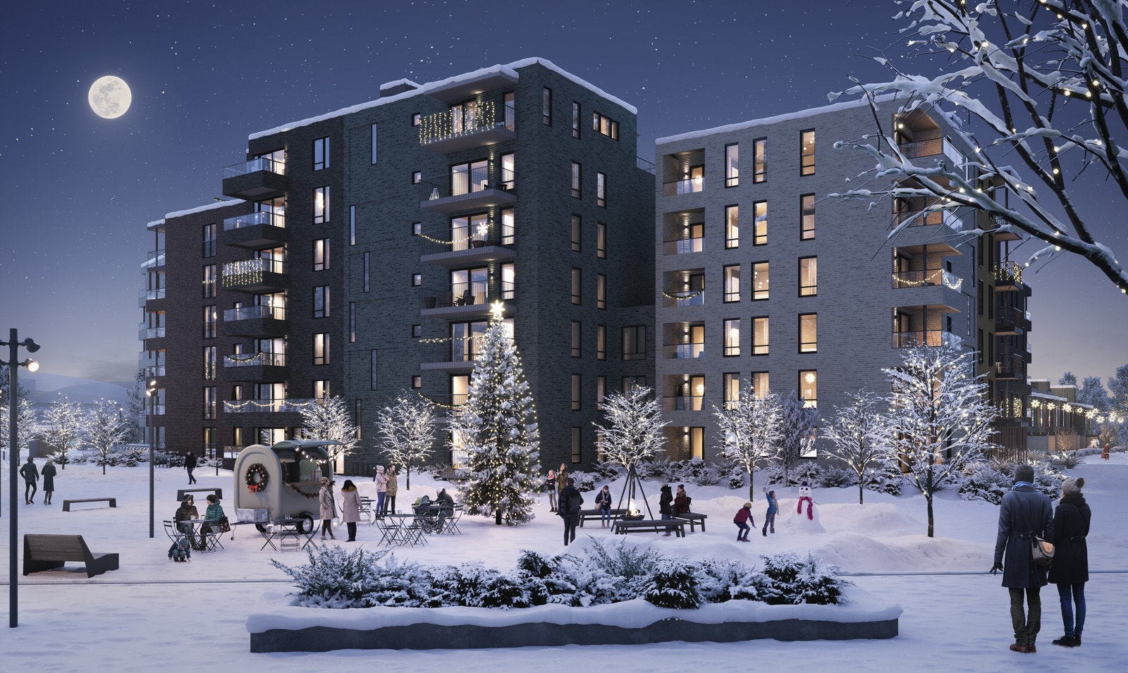 Vi har bygd et hyggelig torg som fungerer som en møteplass for både store og små. (3D-illustrasjon, avvik vil forekomme) Galleribilde