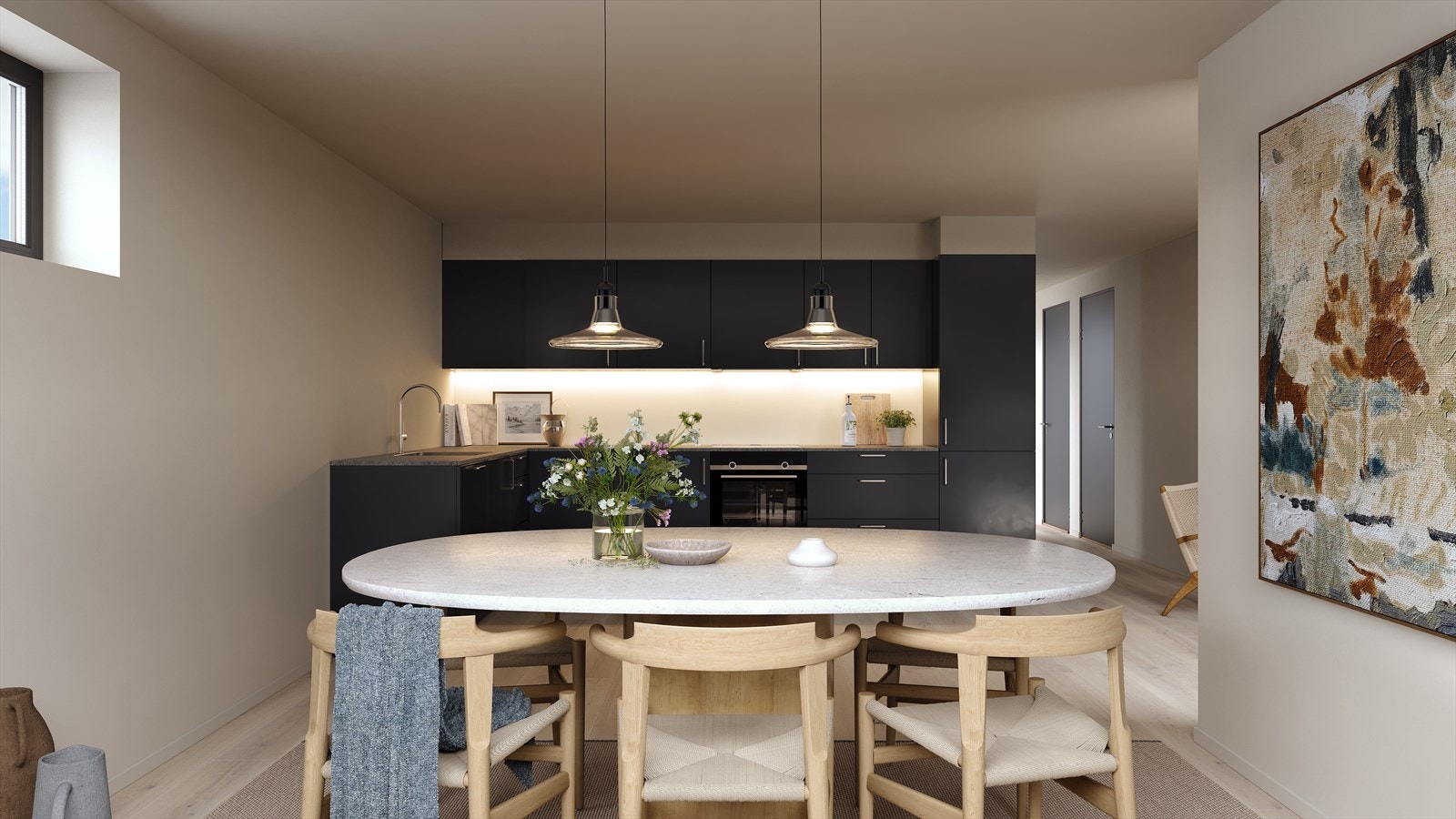 Det leveres kjøkkeninnredning type Aubo-Sense i fargen sort. Denne modellen er valgt for sitt eksklusive design og moderne uttrykk med matte og rene overflater. Galleribilde