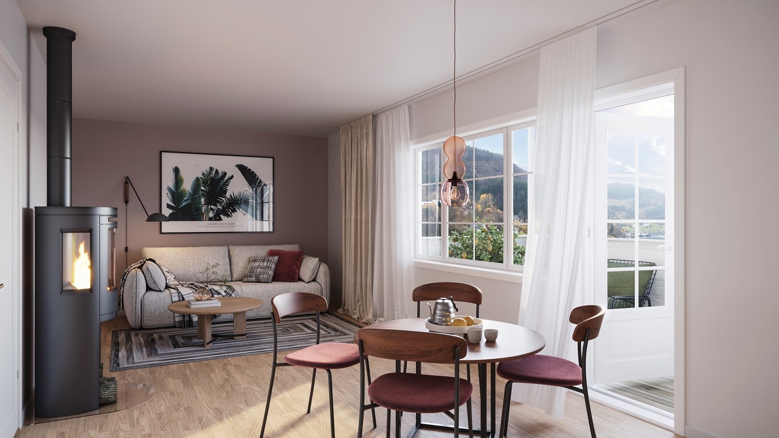 Lys og åpen stue med store vindusflater som gir rikelig med naturlig lysinnslipp samt rammer inn den nydelige utsikten. Dette er en illustrasjon - Avvik vil fremkomme. Galleribilde