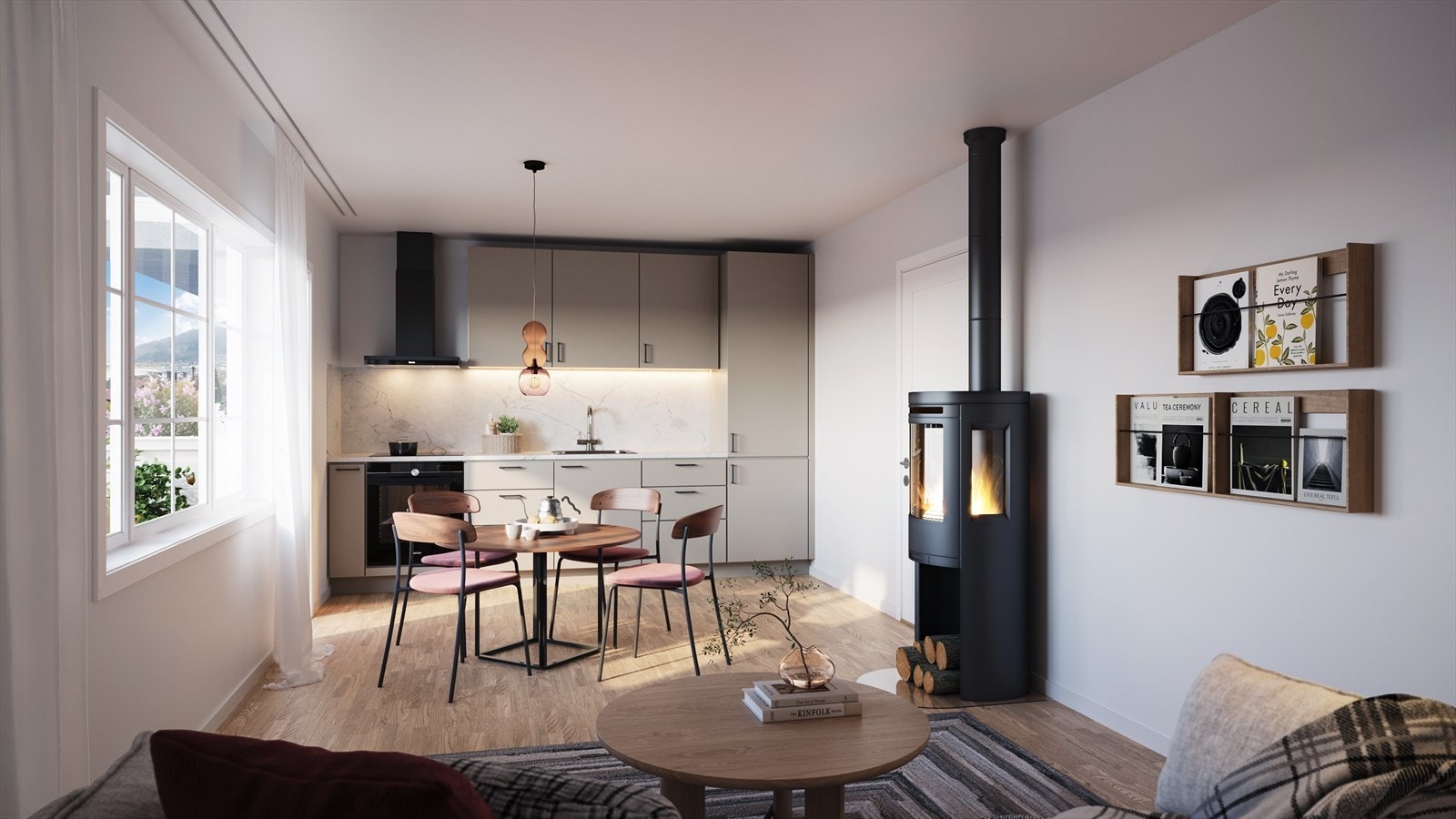 Stilren kjøkkeninnredning fra IKEA i typen Havstorp med laminat benkeplate i typen i hvit livlig marmormønstret utførelse. Dette er en illustrasjon - Avvik vil fremkomme. Galleribilde