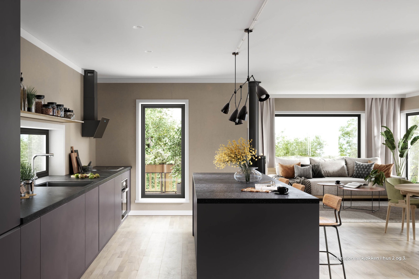 Illustrasjon av kjøkken i 2. etasje i hus 2 og 3. Romslig kjøkken med integrert hvitevarepakke, mye arbeidsplass, og sittemuligheter ved kjøkkenøy. Godt med arbeidslys i form av downlights. Galleribilde