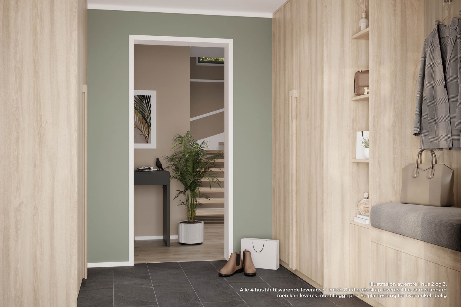 Illustrasjon av entré i 1. etasje i hus 2 og 3. Alle boligene får tilsvarende leveranse, se planløsning for plassering og størrelse. Det leveres ikke garderobe som standard, men kan leveres mot tillegg Galleribilde