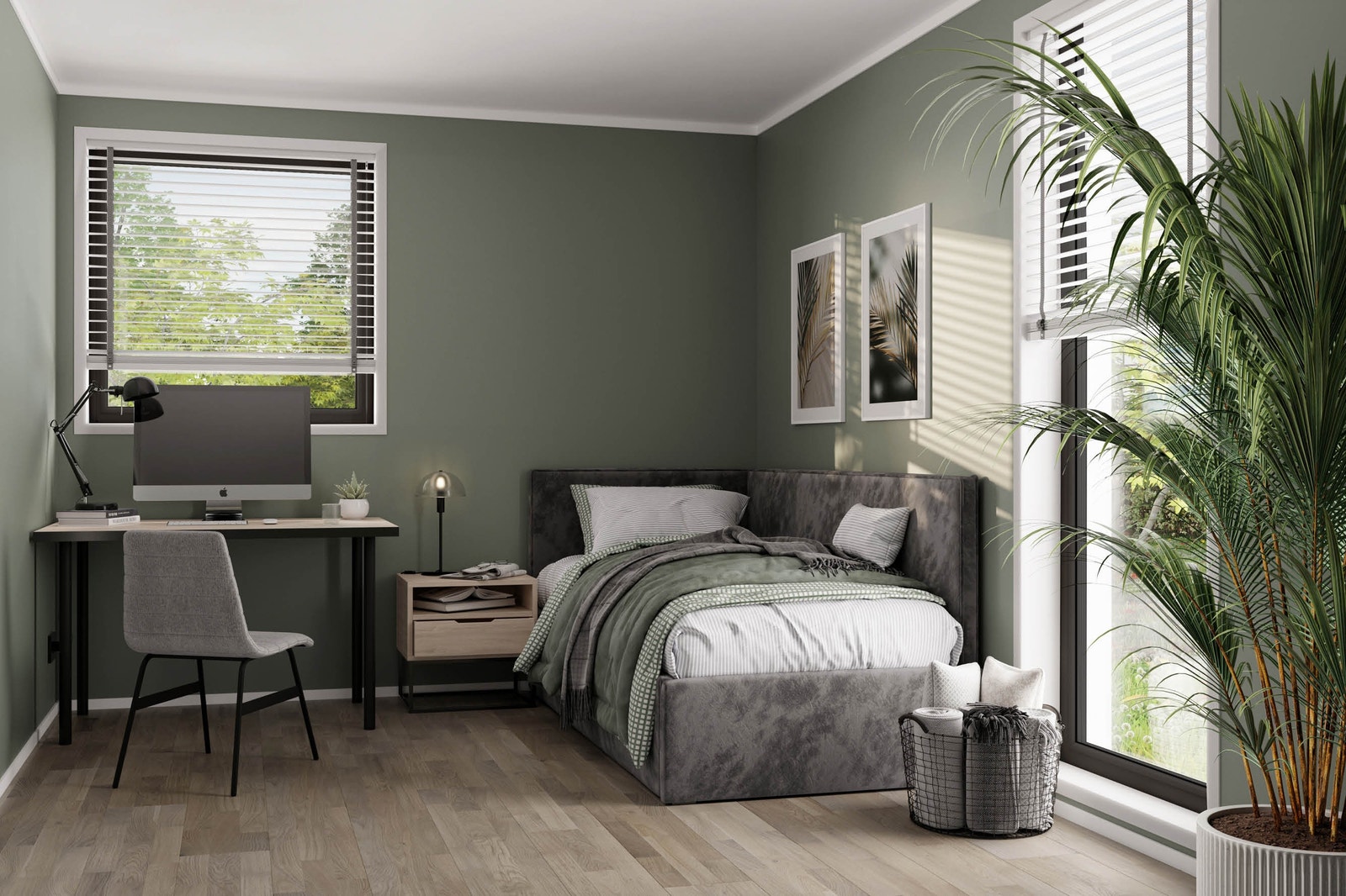 Illustrasjon av soverom ovenfor TV-stue i 1. etasje i hus 2 og 3. Alle boligene får tilsvarende leveranse, men se planløsning for utforming av rom og plassering av vinduer, dører etc Galleribilde