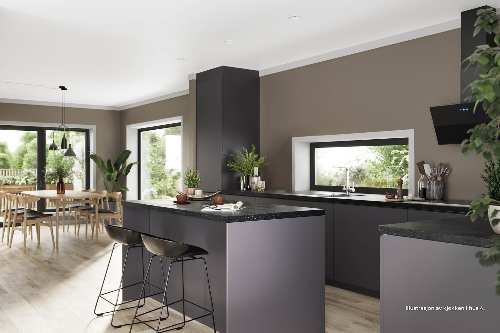 Illustrasjon av kjøkken i 2. etasje i Hus 4. Romslig kjøkken med integrert hvitevarepakke, og mye arbeidsplass og sittemuligheter ved kjøkkenøy. God plass til langbord i spisestue med utgang til hage. Godt med arbeidslys i form av downlights. Galleribilde