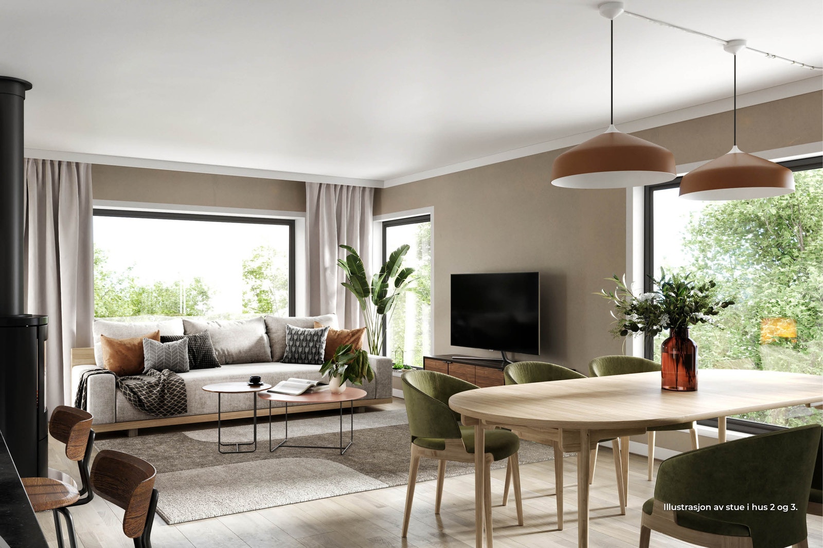 Illustrasjon av stue i 2. etasje i hus 2 og 3. Åpen kjøkken- og stueløsning, og store vindusflater som gir mye lys. Utgang fra stue til hyggelig balkong. Galleribilde