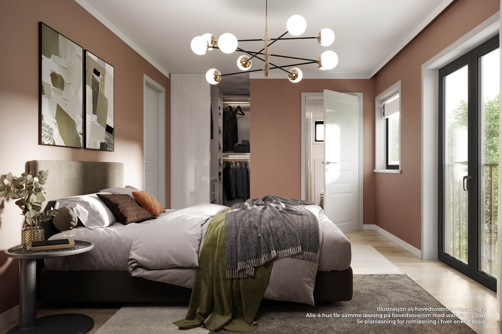Illustrasjon av hovedsoverom i hus 2 og 3. Alle boligene får tilsvarende løsning med bad og walk-in, men se planløsning for utforming av rom og plassering av vinduer, dører etc Galleribilde