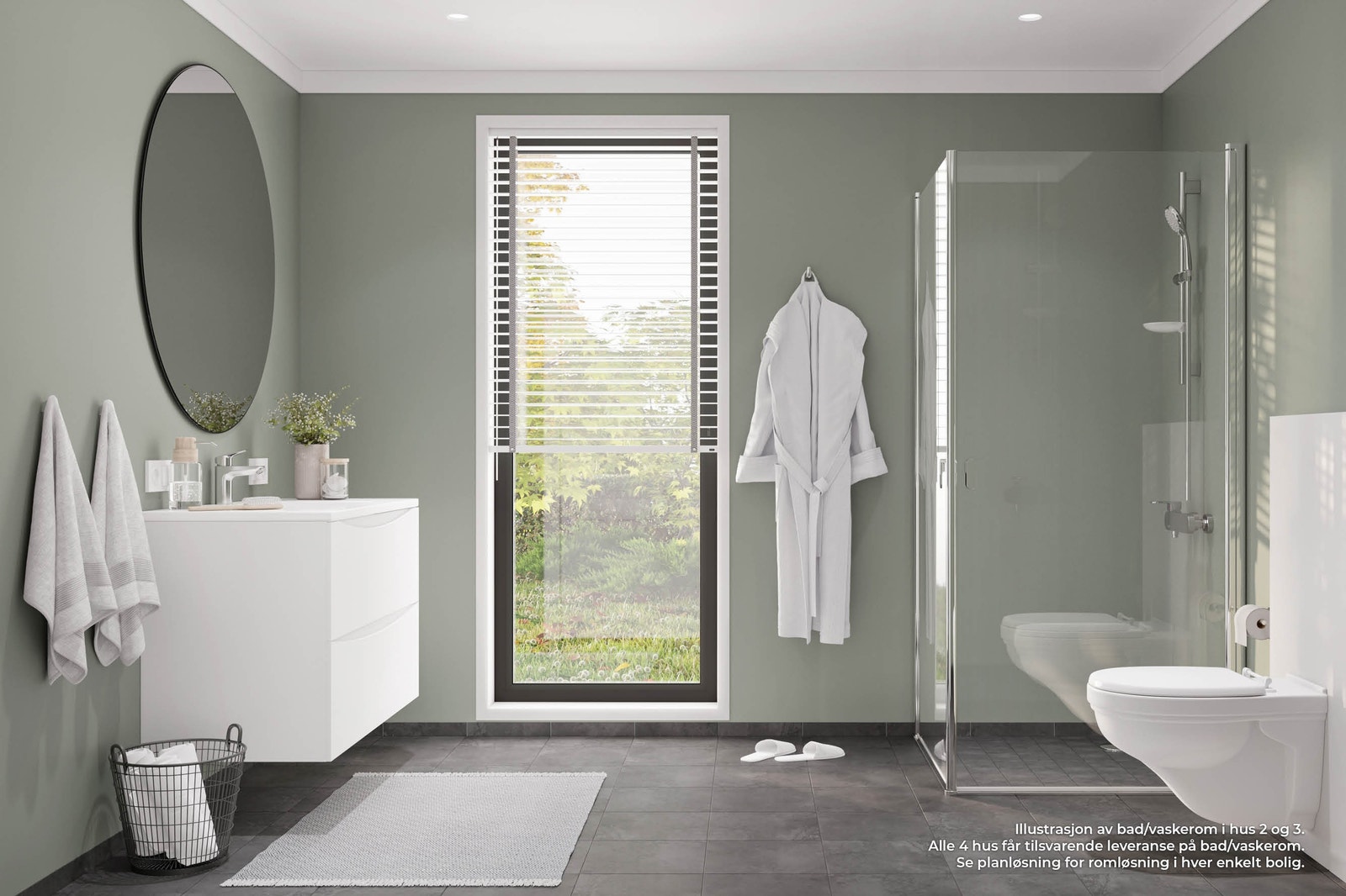 Illustrasjon av bad/vaskerom i 1. etasje i hus 2 og 3. Alle boligene får tilsvarende leveranse, men se planløsning for utforming av rom og plassering av vask, toalett, vinduer, dører etc Galleribilde