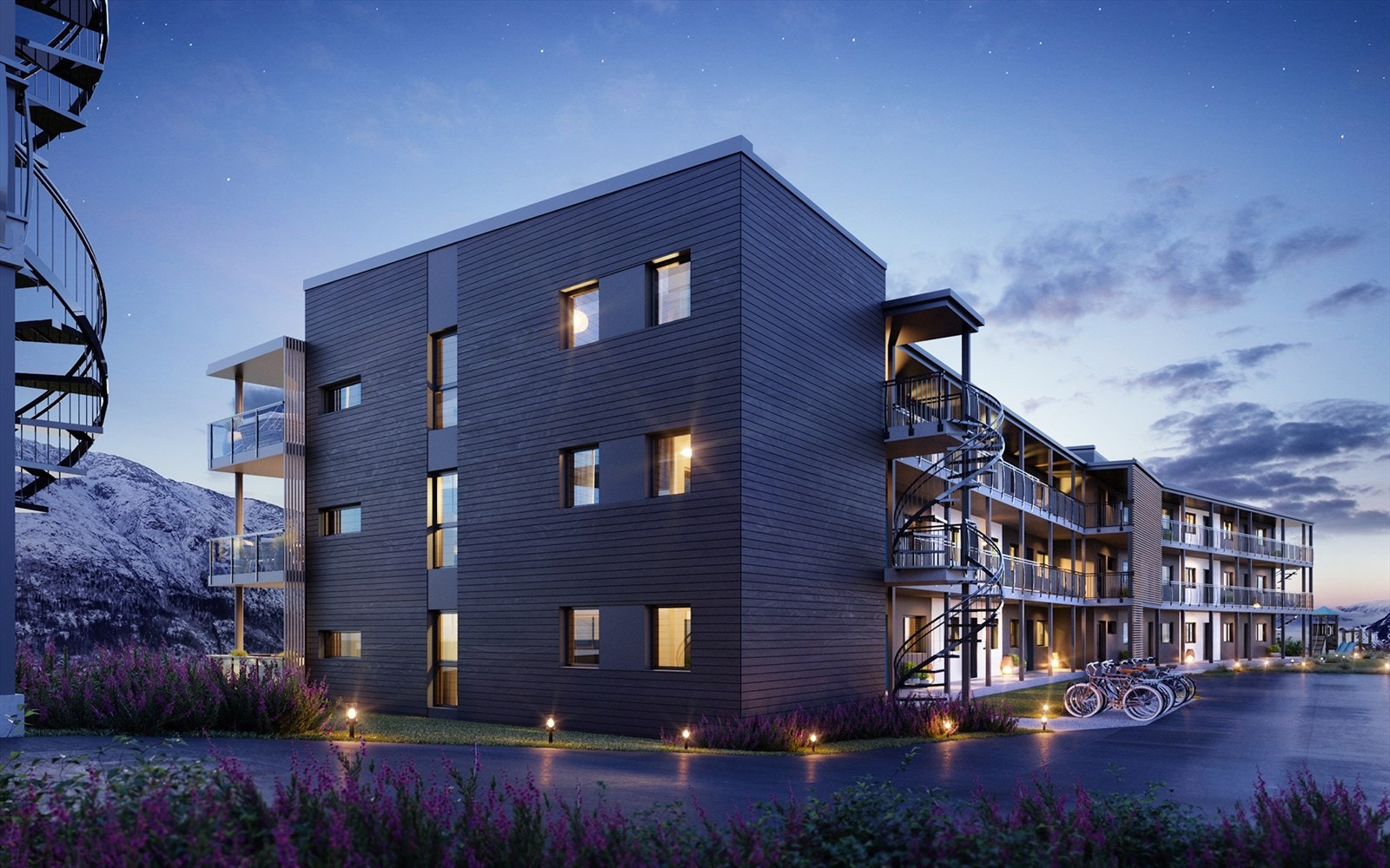 I tillegg til parkering i carport blir det opparbeidet 8 gjesteparkeringer, samt at hver leilighet får to sykkelparkeringer. Det blir avsatt eget område til avfallshåndtering. Galleribilde