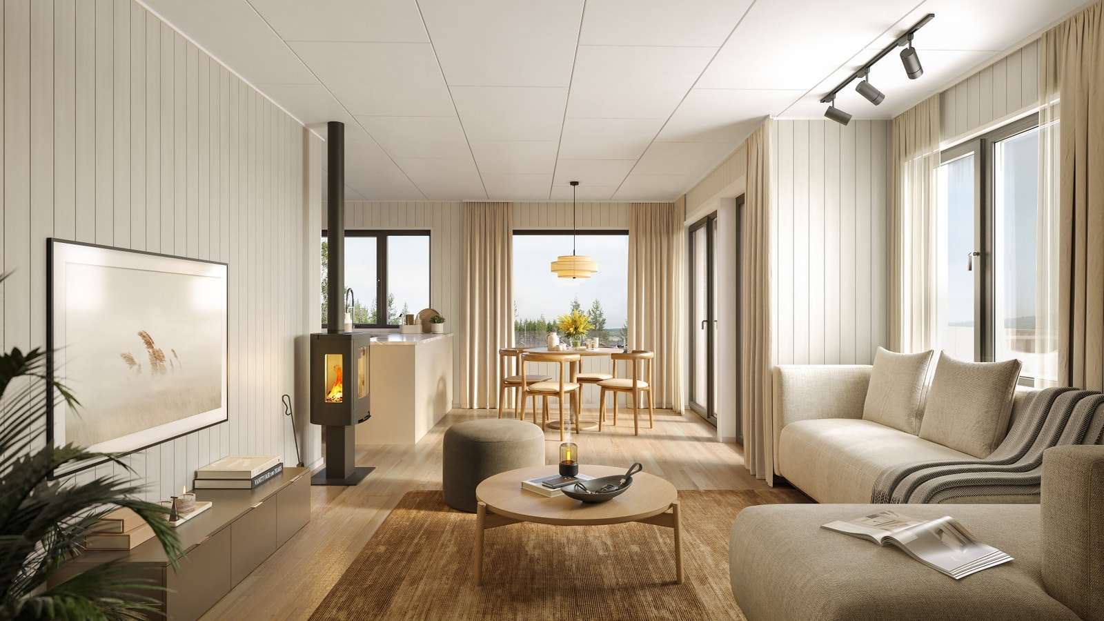 Åpen stue/kjøkken løsning med utgang til markterrasse for leilighetene i 1.etg eller utgang til veranda for leilighetene i 2.etg. med ettermiddag-/kveldssol. (Bilde er av illustrativ karakter og kan avvike) Galleribilde