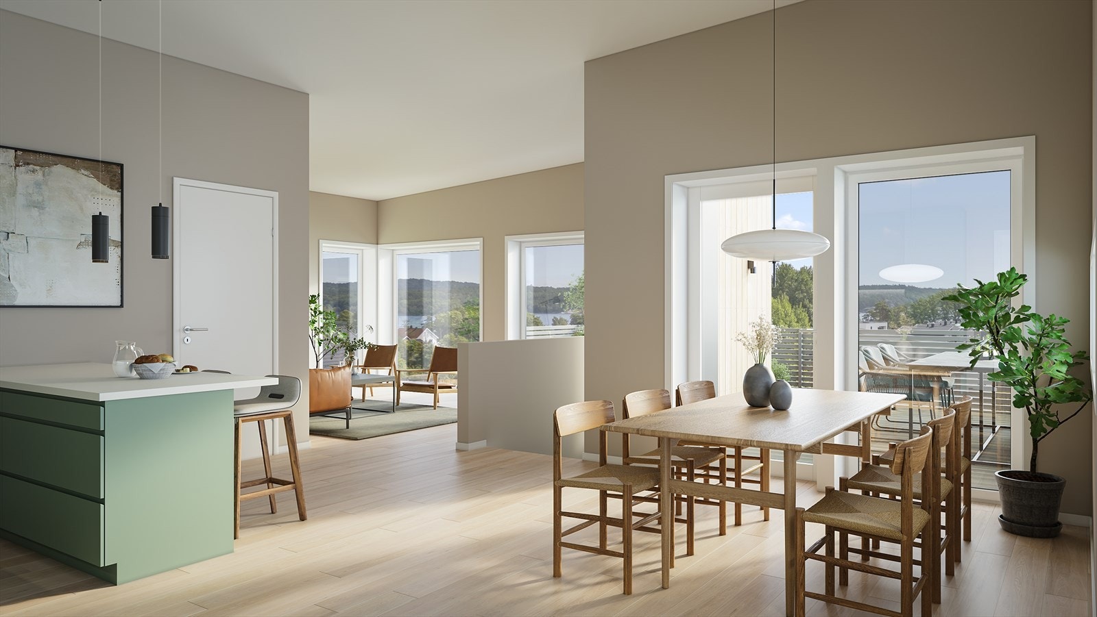 Stue og kjøkken har store vindusflater for maksimalt innslipp av naturlig lys og utsyn Galleribilde