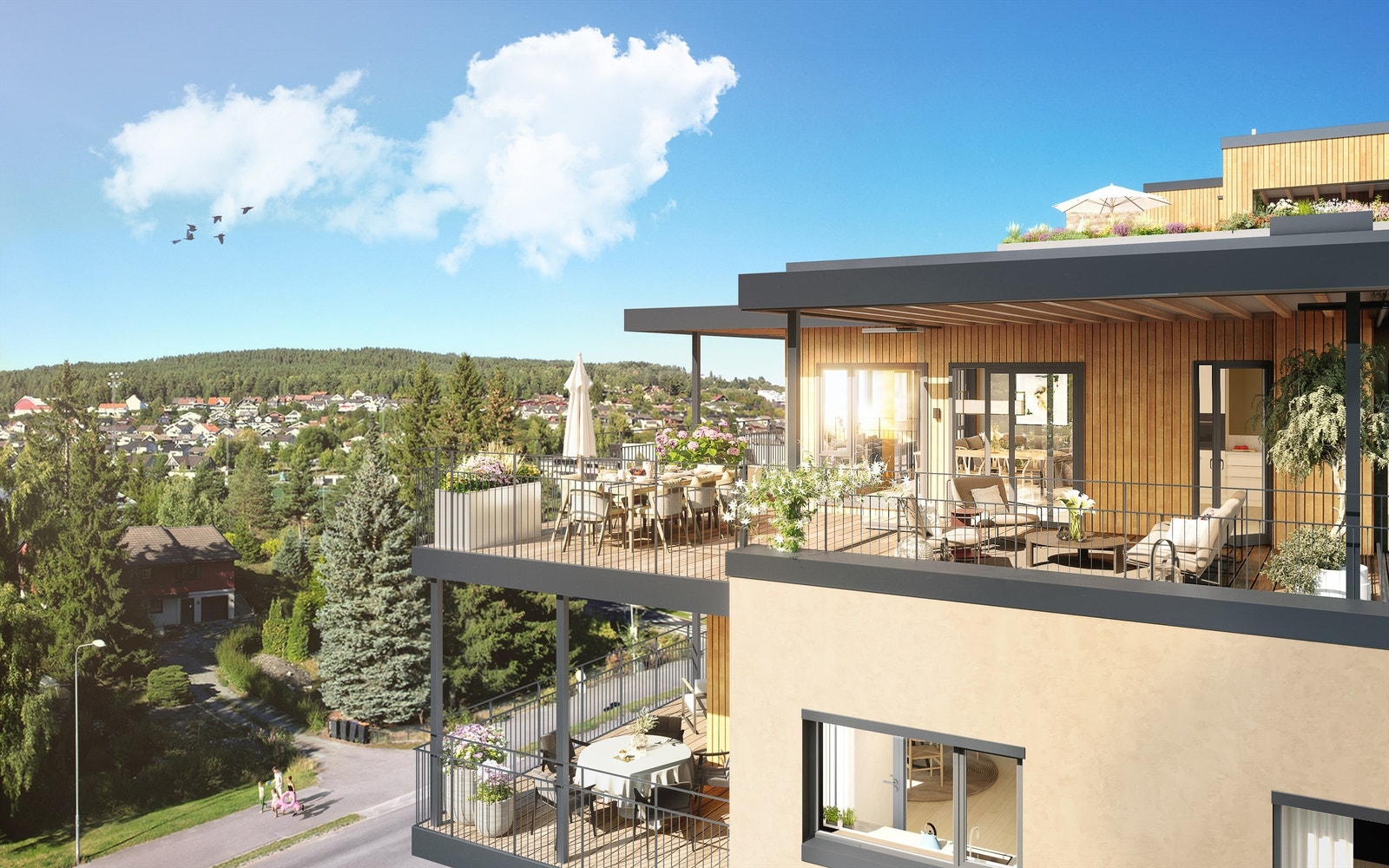 Hus E ligger med vestvendte balkonger med fri utsikt mot Mjøsa, Furnesfjorden og Furuberget. Illustrasjon fra hjørnet E401, samme etasje. Illustrasjon - avvik vil forekomme. Galleribilde