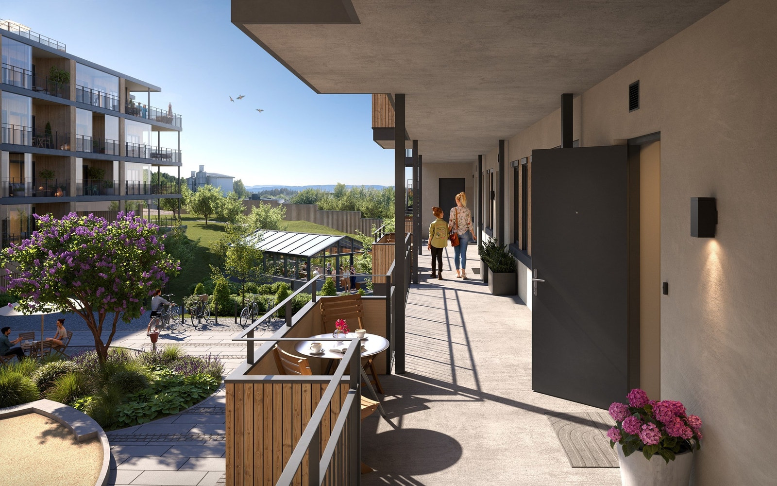 Det blir et hyggelig og flott fellesområde i Kornhaven. Blant annet etableres et stor drivhus/hagestue. Illustrasjon - avvik vil forekomme. Galleribilde