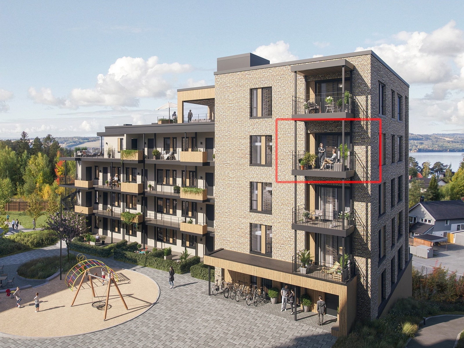 De effektive 2-romsleilighetene ligger pent inn mot den rolige bakkården. Her er E405 markert. Illustrasjon - avvik vil forekomme. Galleribilde