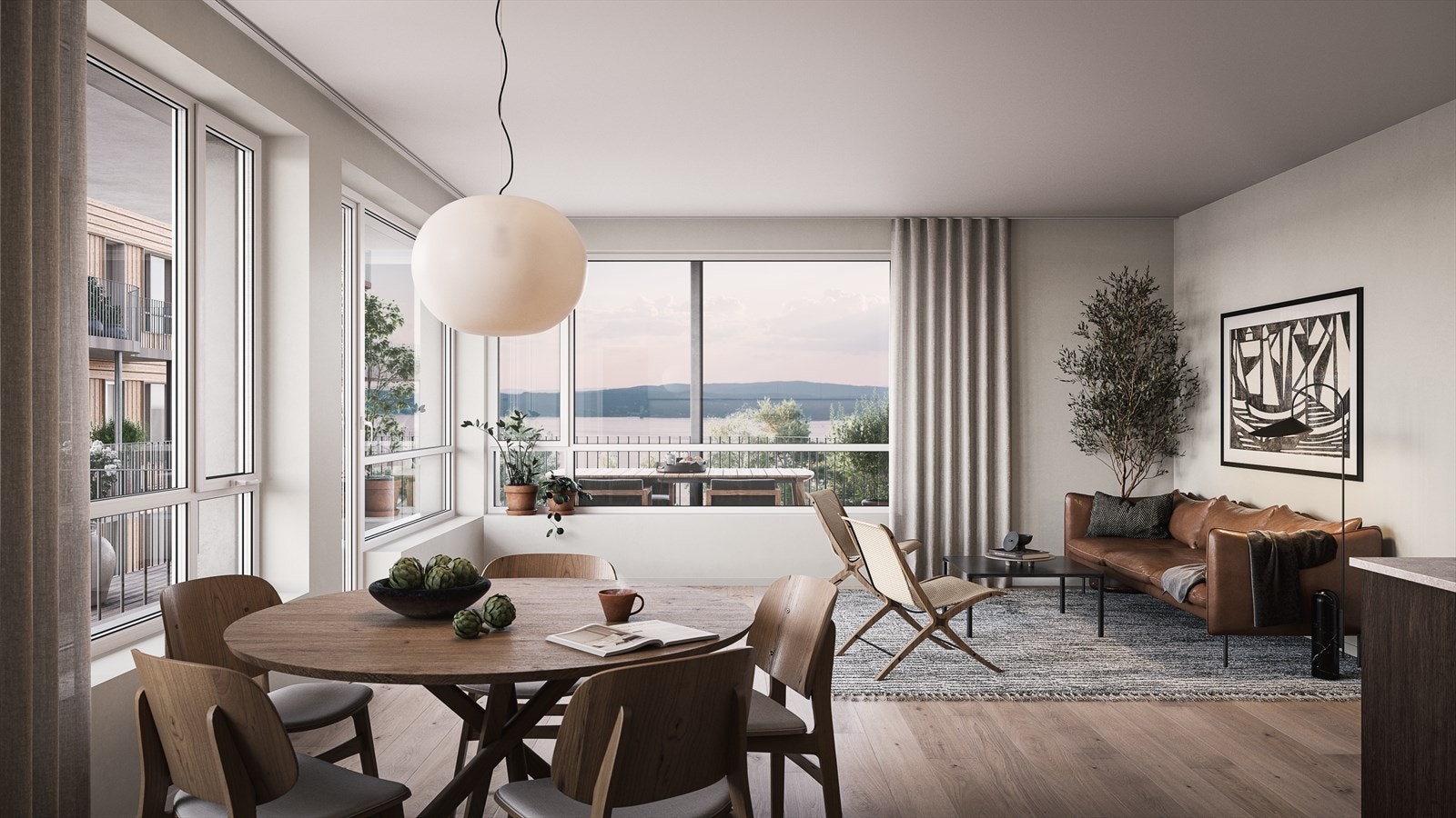 Interiøret i leilighetene er nøye utvalgt i alt fra hvitevarer til 1-stavs eikeparkett og spiller på fjordens utsikt med innslipp av mye naturlig lys. Galleribilde