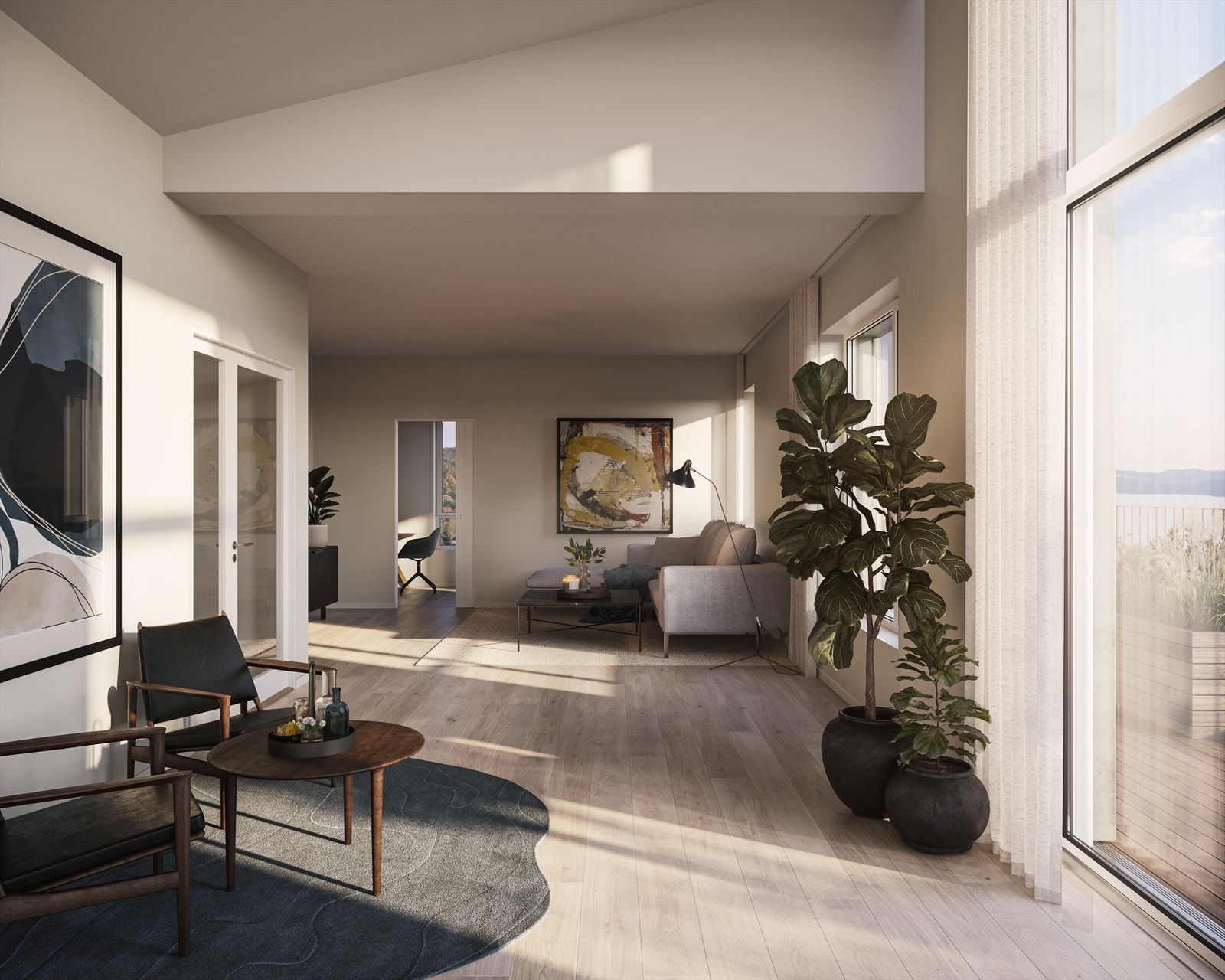 Moderne standard med 1-stavs hvitpigmentert eikeparkett og vannbåren gulvarme. Galleribilde