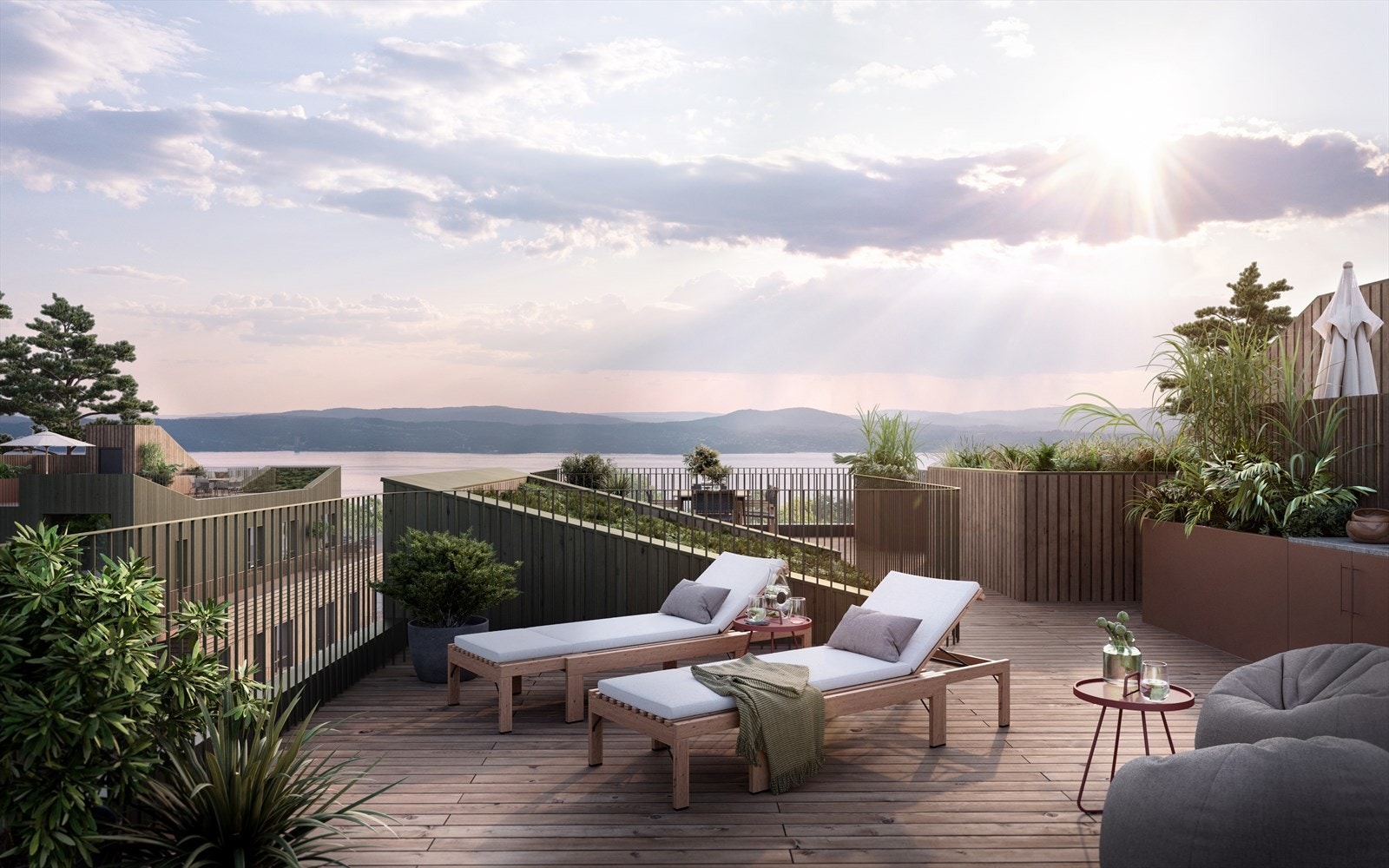 Toppleilighetene får store private takterrasser med fantastisk fjordutsikt! Takterrassene får naturlige soner som gjør de enkle å innrede med for eksempel solsenger, langbord, lounge, eller hva man måtte ønske seg. Galleribilde