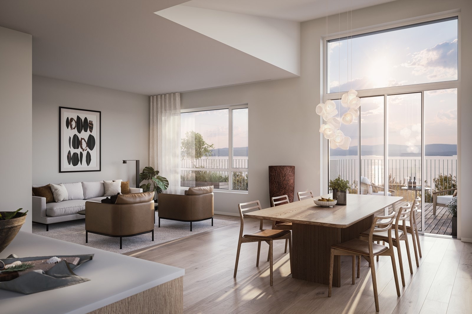 Toppleilighetene får ekstra generøs takhøyde i soner hvor taket er løftet. Dette gir en unik romfølelse, og gir virkelig det lille ekstra! Disse takoppløftene er også med på å skape den naturlige soneinndelingen på takterrassen. Galleribilde