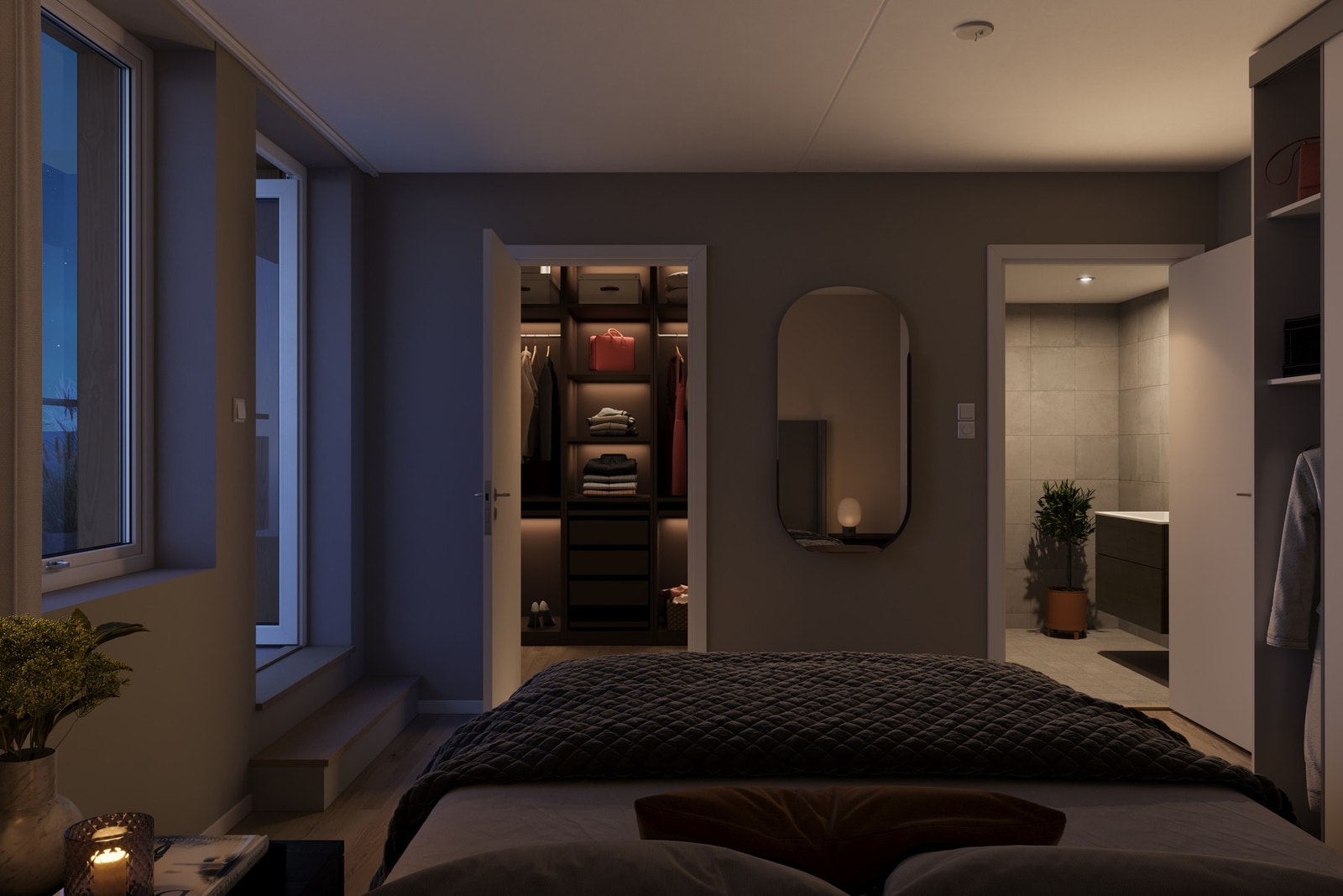 Illustrasjon av soverom med god garderobeløsning. Illustrasjon, avvik vil forekomme. Galleribilde