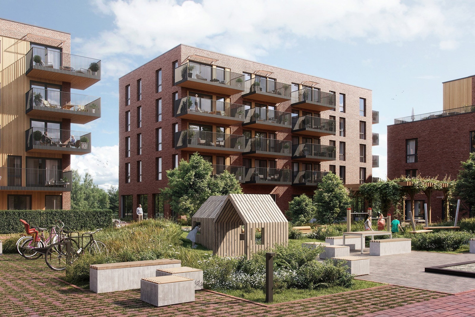 Snøbyen Pluss får store og fine uteområder. Her illustrasjon av hus 1 hvor serviceområdet også ligger. Galleribilde