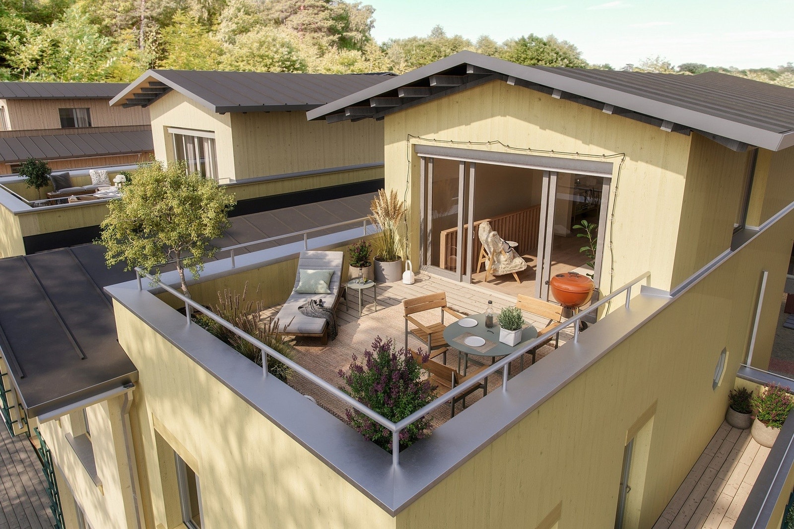 Illustrasjon som viser takterrasse på rekkehusene over 3 plan. Galleribilde