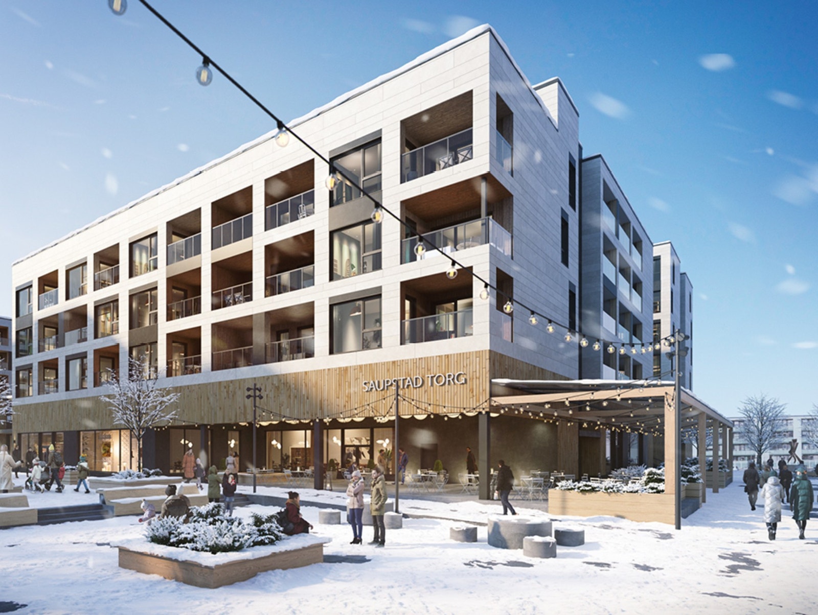 Velkommen til neste byggetrinn på Saupstad Torg! Illustrasjon fasade. Avvik vil forekomme. Galleribilde