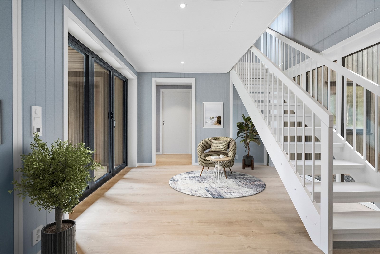 Lekre bustader - her frå multirom med skyvedør til stor sørvendt terrasse Galleribilde