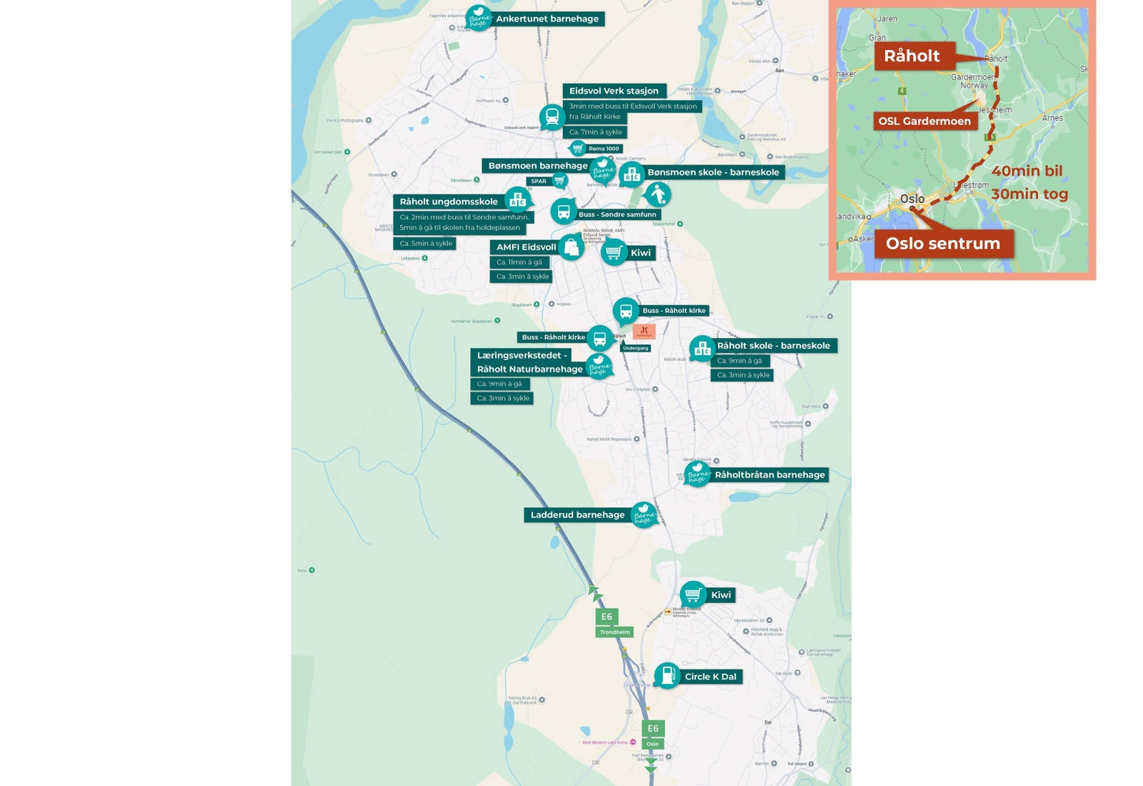 Avstand fra Oslo til Råholt, og kart over nærområdet Galleribilde
