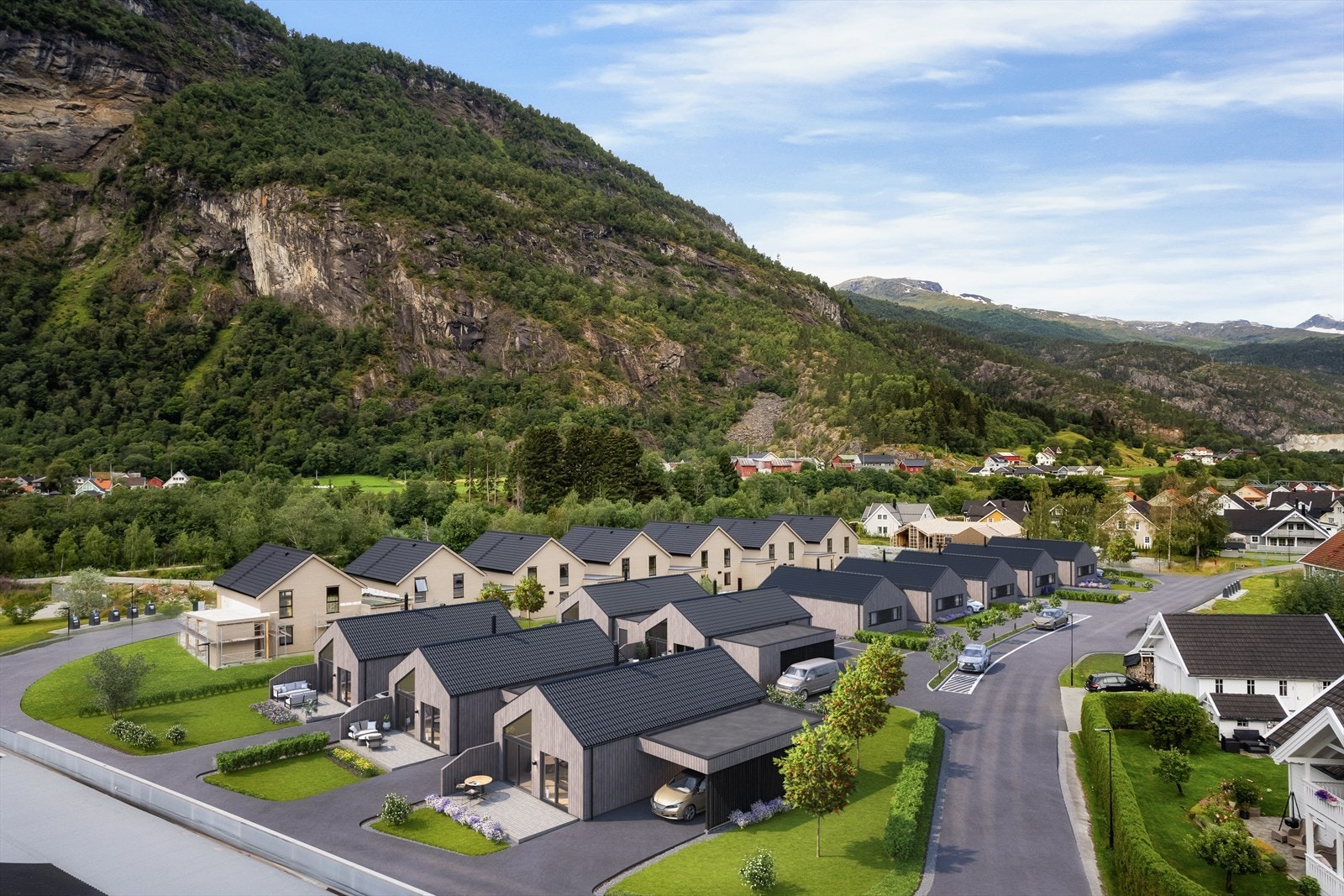 Velkommen til Bruflat-Grandmo! Her kjem det 10 einebustadar i kjede med carport Galleribilde