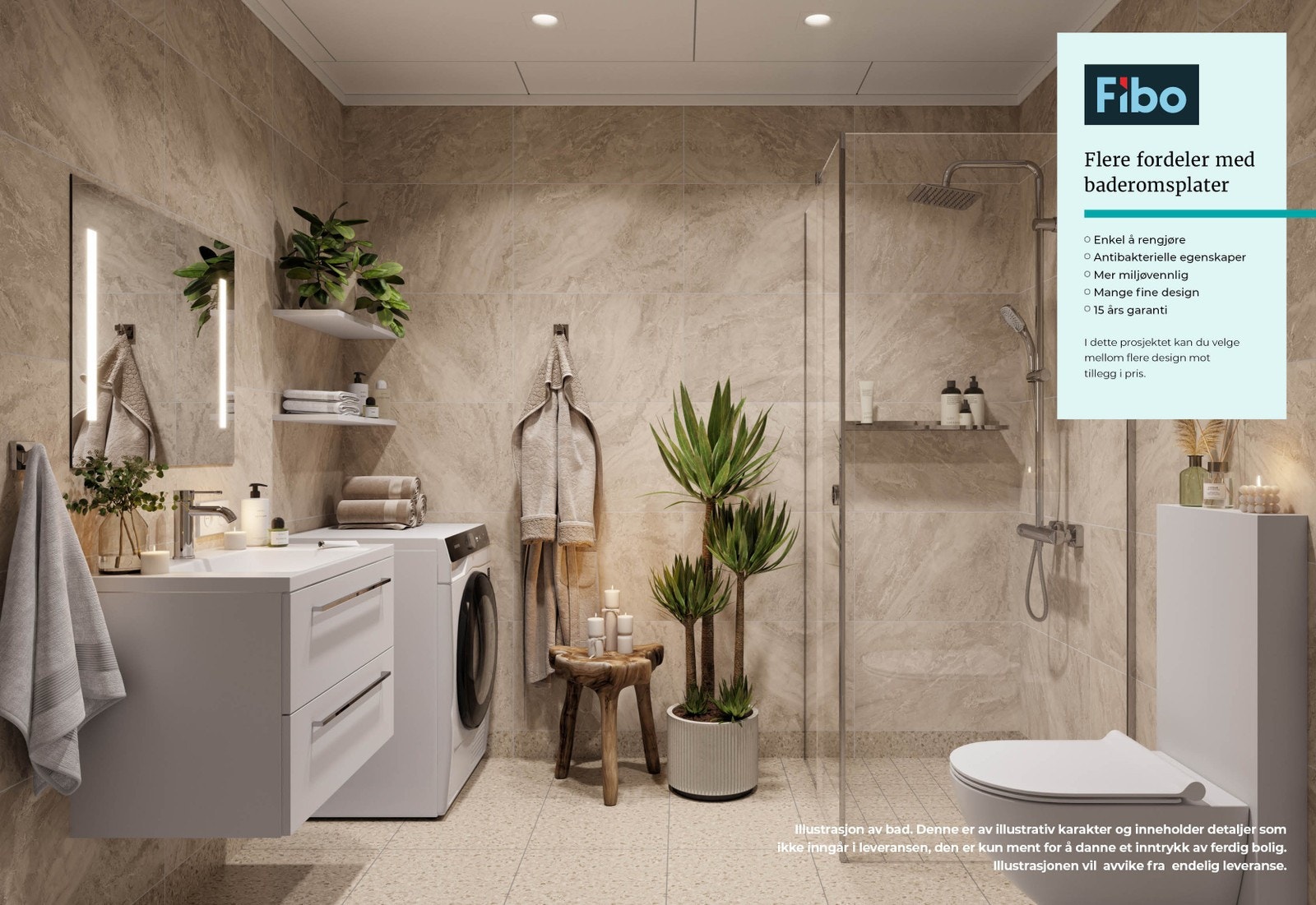 Bad med downlights, moderne fliser i fargen Taupe (beige) på gulv, og baderomsplater i type Beige Stone fra Fibo på vegg. Galleribilde