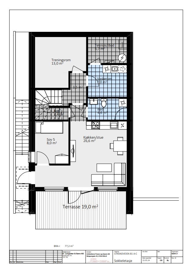 Alternativ plantegning sokkeletasje med tilvalg på innredet sokkel. Galleribilde