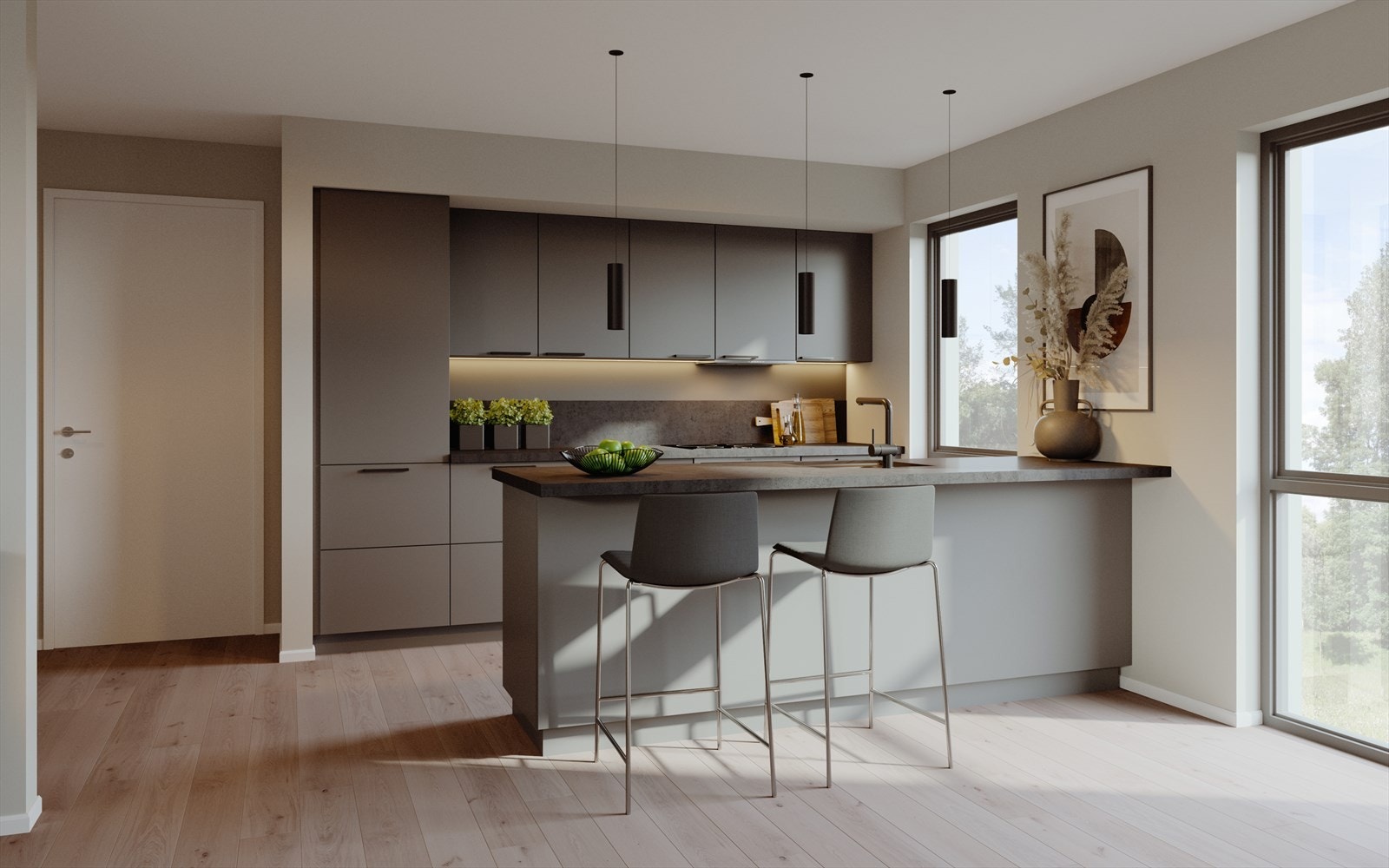 Eksempel på kjøkken med overskap og servant på kjøkkenøy. Eksempelet er fra 2 mannsboligen.
( Illustrasjonsfoto, noe avvik vil forekomme) Galleribilde