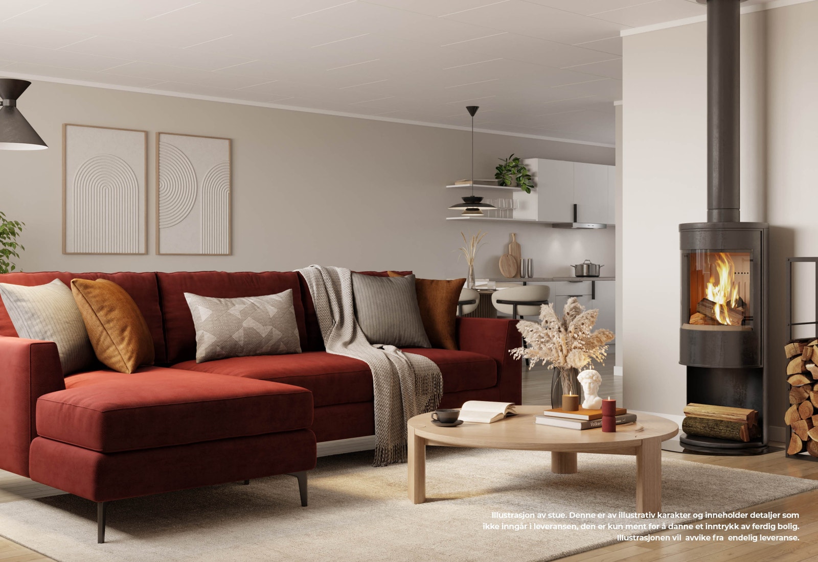 Hyggelig stue med peis, god plass til spisegruppe, og kjøkkenkrok Galleribilde