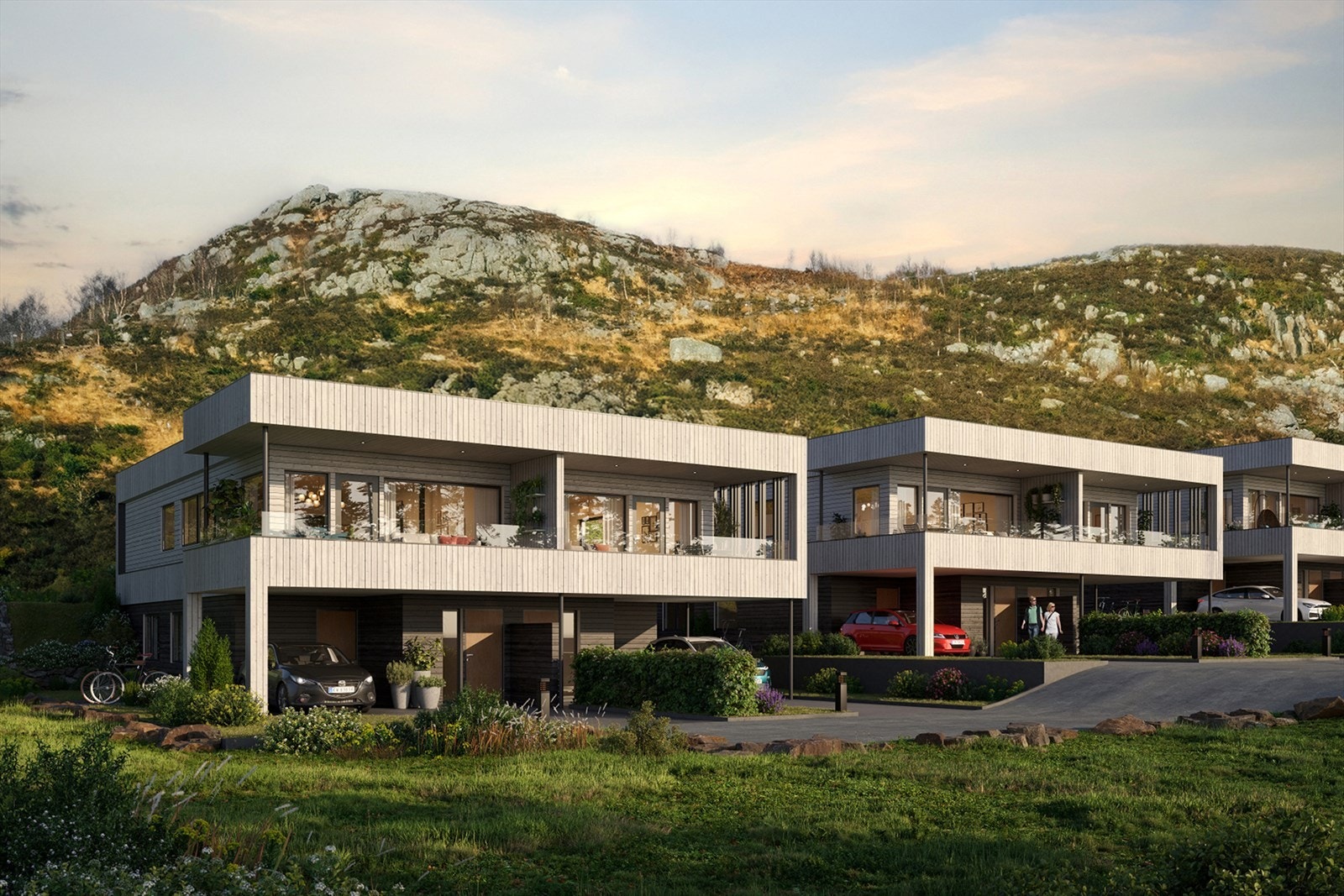 Boligenes fasade er gjennomført i tre, noe som gir et harmonisk, men samtidig dynamisk og levende uttrykk. Galleribilde