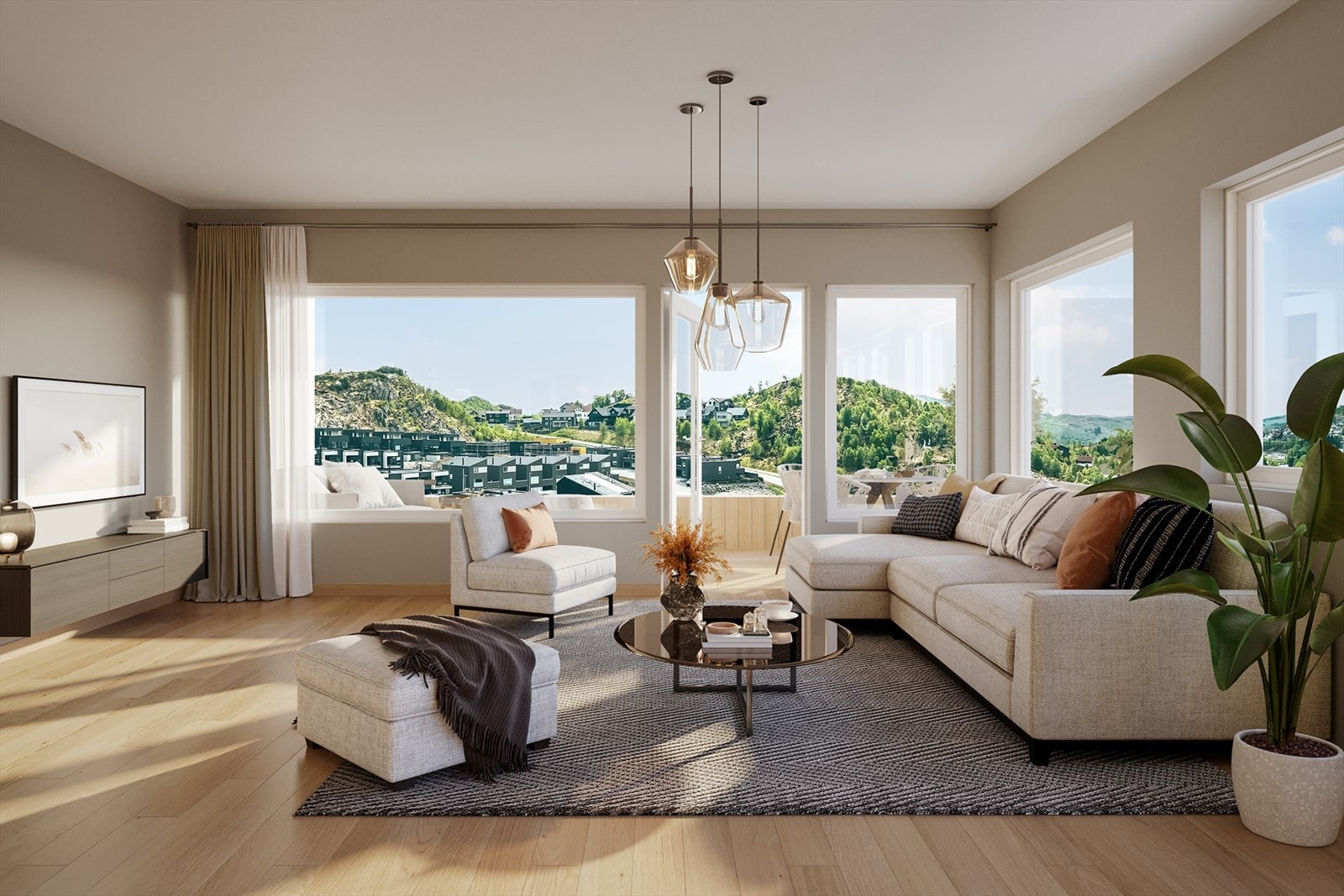 andre etasje er det en stor, åpen stue- og kjøkkenløsning med store vinduer som gir rikelig med lys og utsikt. Illustrasjon av interiør. Avvik vil forekomme. Galleribilde