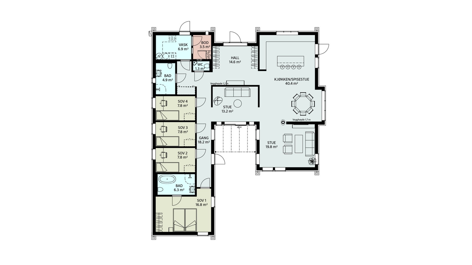 Standard plantegning. Det er mulig å tilpasse boligen slik at du får det akkurat sånn du vil ha det. Galleribilde