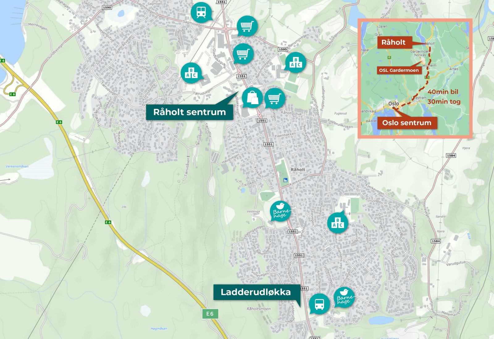 Kart over reisevei fra Oslo til Råholt, og området Råholt Galleribilde